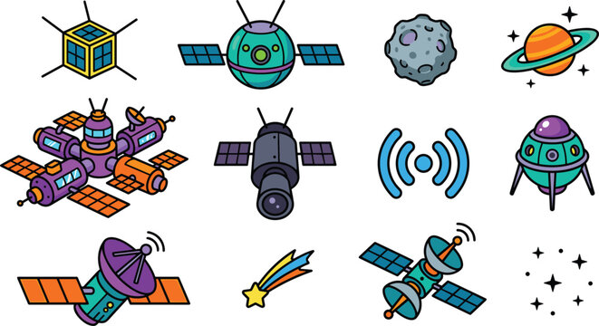 Space technology vector icon set with colorful cartoon illustrations of satellites space station ufo cubesat planet comet and telemetry antenna elements