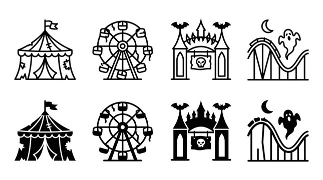 Halloween theme amusement park icons including carnival tent wheel haunted entrance and rollercoaster with halloween