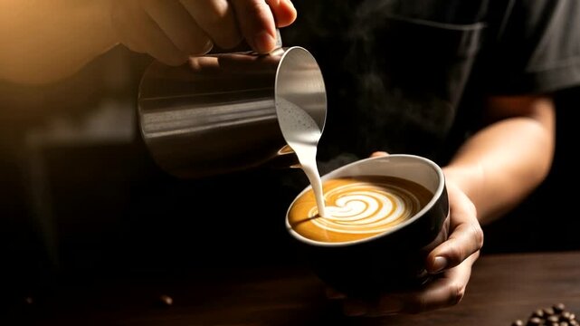 Barista skillfully pouring steamed milk into a coffee cup, creating intricate latte art