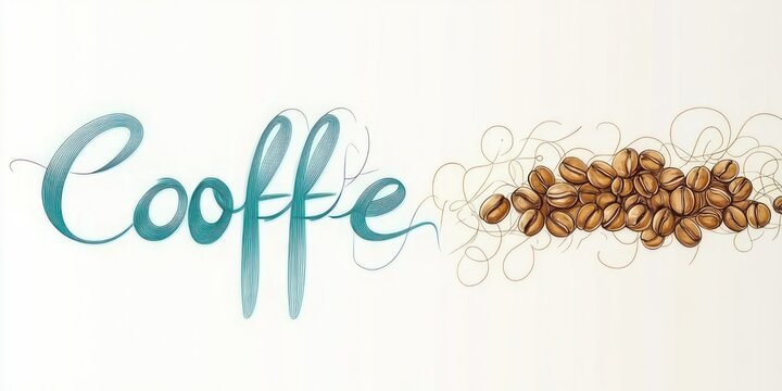 teal calligraphic word coffee with elegant flowing swirls and a cluster of roasted coffee beans on a light background, warm and inviting