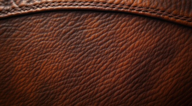 Close-up of rich brown leather upholstery with visible seam and stitching, tactile wrinkled grain conveying warm cozy luxury