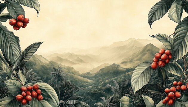 Tranquil tropical mountain valley at dawn framed by coffee plant branches with ripe red cherries and broad green leaves, misty layered hills and distant peaks under a warm golden sky