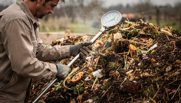 Medium shot of a worker inserting a long metal thermometer into a compost pile capturing the analog gauge showing temperature fluctuations during the decomposition process.