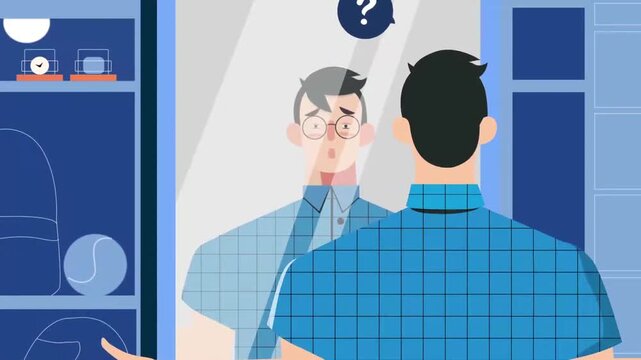 Man Looking in the Mirror with Question Mark Icon Above His Reflection, Self Identity or Doubt Dilemma, 2D Vector Scene