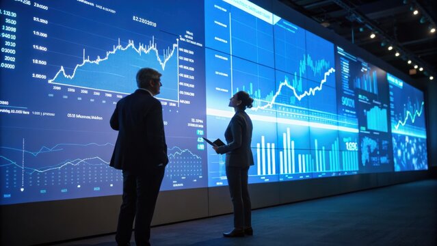 Two business professionals analyze financial data on a large screen displaying graphs and charts in a modern office setting.