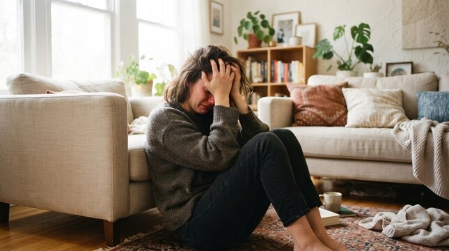 Woman sitting on floor with hands on her head in living room during afternoon