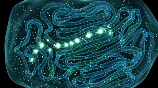 脈絡叢から脳脊髄液が噴出する様子を蛍光発光で表現した透明な脳のアイソメトリック3DCGアニメーション