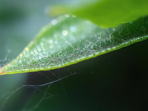 Macro view of a green leaf edge crowned with delicate spider silk and glistening dew droplets, soft bokeh background conveying calm fragile morning serenity