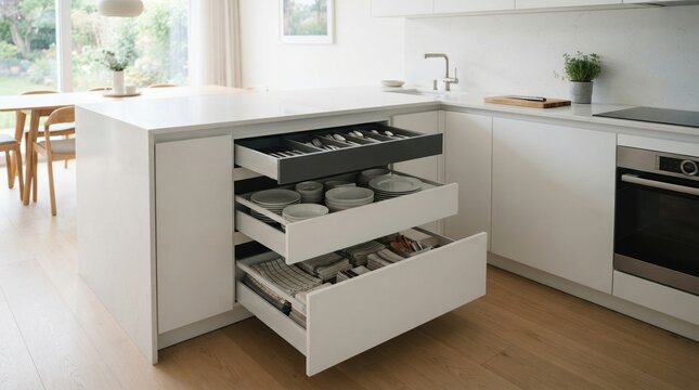 Modern kitchen with open drawers showing organized utensils and dishes