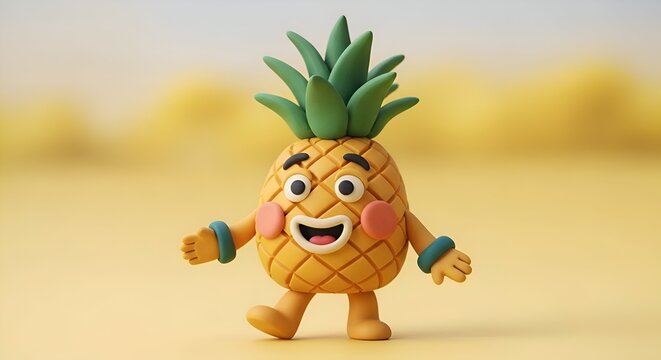 A cheerful anthropomorphic pineapple character figure smiling and walking