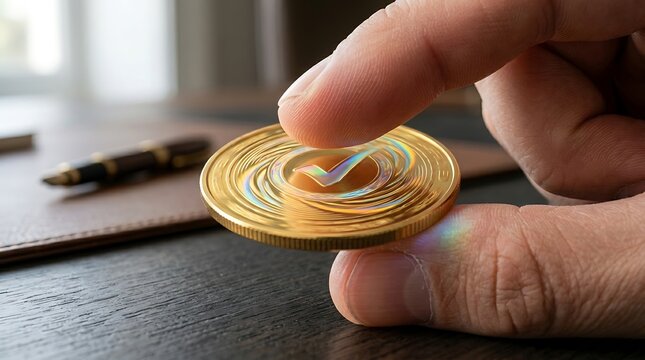 Person holding gold coin with check mark symbol between fingers above dark wooden desk fountain pen nearby surface.
