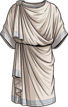 Ancient greek tunic or chiton off-white garment with blue meander border pattern and draped fabric folds on white background