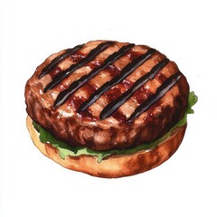 Fototapeta premium appetizing grilled beef burger patty with lettuce on bottom bun, seared with dark grill marks, watercolor food illustration