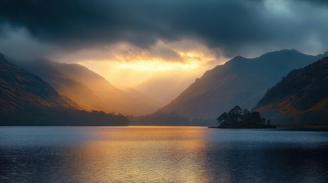 Tranquil mountain lake at sunrise with golden light breaking through storm clouds, silhouetted tree-covered islet and reflective calm water, peaceful and dramatic mood