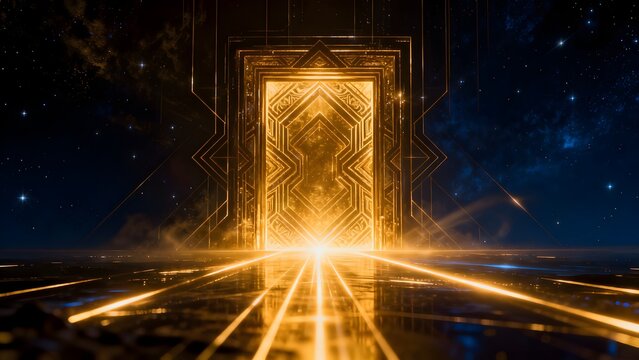 Golden ornate portal in cosmic setting