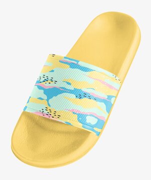 Yellow slide sandal with a colorful abstract strap design.