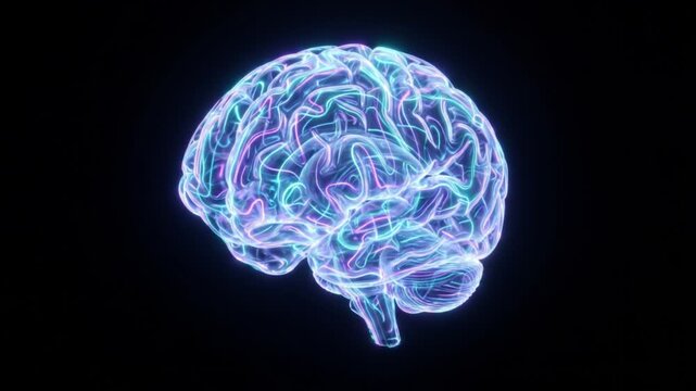脈絡叢から脳脊髄液が噴出する様子を蛍光発光で表現した透明な脳のアイソメトリック3DCGアニメーション
