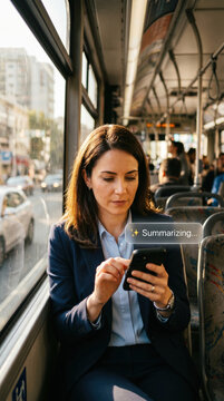 Businesswoman Using Smartphone With Summarizing Tool Graphic Overlay While Commuting On City Bus