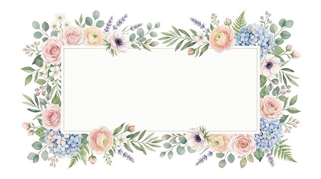 Elegant Floral Rectangle Frame, Watercolor Botanical Border with Roses, Hydrangeas, Lavender, and Eucalyptus for Invitations, Stationery, and Decorative Design isolated on White Background