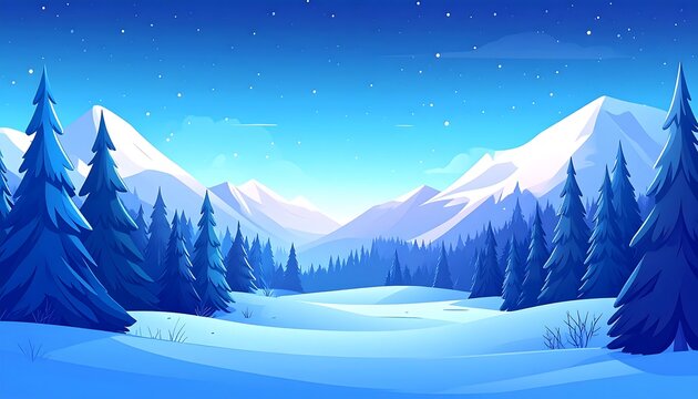 A serene winter landscape with snow-covered mountains and pine trees