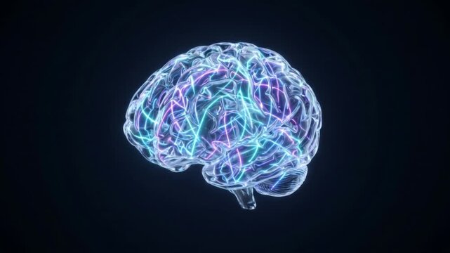 脈絡叢から脳脊髄液が噴出する様子を蛍光発光で表現した透明な脳のアイソメトリック3DCGアニメーション