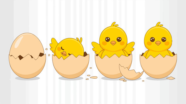Four cartoon chicks in various stages of hatching from eggs chicken baby animal