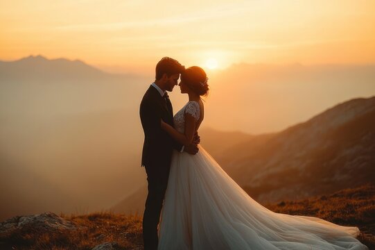 Bride and groom embracing on a mountain at sunset with a long flowing wedding dress and suit silhouetted against a warm golden sky, romantic intimate moment