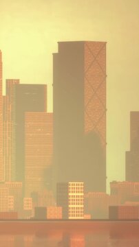 A skyline of tall buildings stands against a sky lit by the setting sun. Water reflects the orange and yellow colors of the evening. The scene captures a moment in the city.