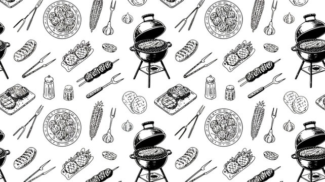 Hand Drawn Barbecue Food and Grill Pattern Seamless Background vector illustration