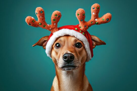 brown dog with visible ears wearing red holiday hat and orange plush reindeer antlers, face deliberately blurred, playful festive mood