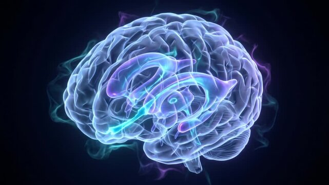 脈絡叢から脳脊髄液が噴出する様子を蛍光発光で表現した透明な脳のアイソメトリック3DCGアニメーション