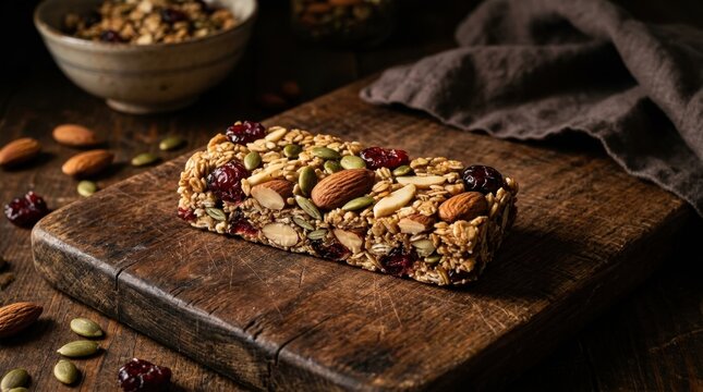 Homemade Granola Energy Bar with Almonds, Pumpkin Seeds, and Dried Cranberries on a Rustic Wooden Cutting Board for Healthy Snack and Lifestyle