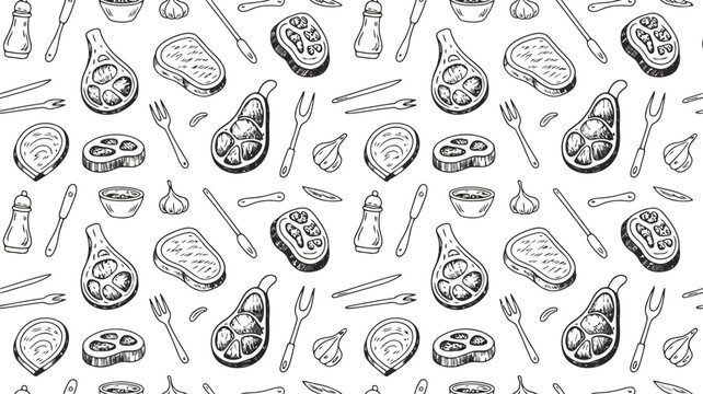 Hand drawn sketch seamless pattern of raw meat steaks and dining utensils food