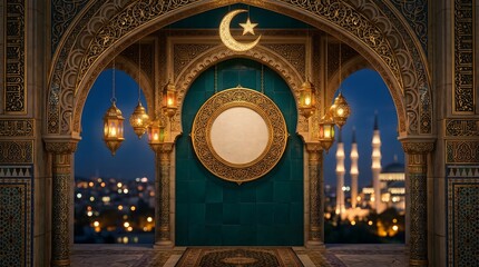 Obraz premium Islamic archway with crescent moon and cityscape at dusk