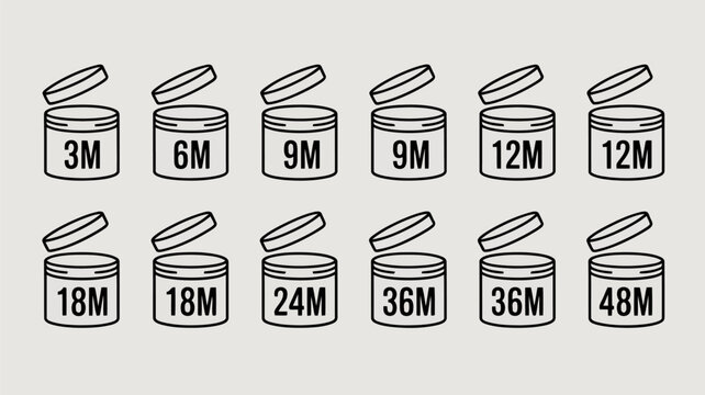Line art icons of open cosmetic jars with month labels on gray background vector illustration