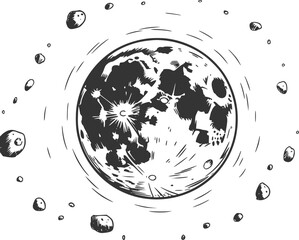 Stylized of the moon surrounded by a swarm of asteroids © Stock Soul