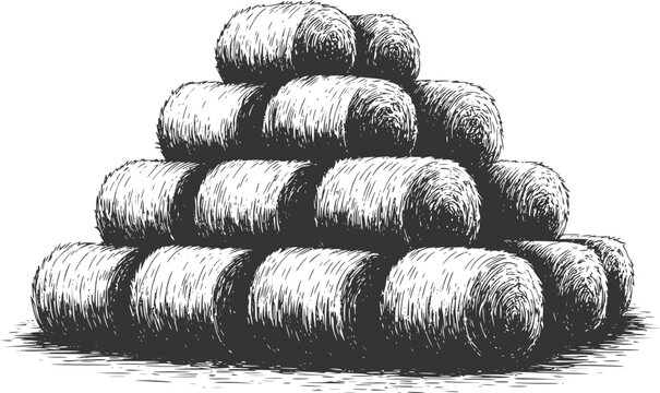 Stacked hay bales in a pyramid shape, farm harvest