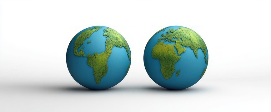 Two stylized blue and green globe models showing textured continents on a clean white background, minimal serene composition suggesting global unity and environmental calm