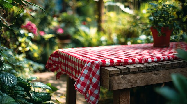 Rustic wooden picnic table covered in a classic red and white checkered tablecloth sitting outdoors in a lush garden setting