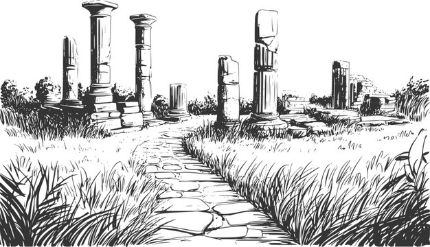 Ancient greek ruins stone path through crumbling columns and overgrown grass