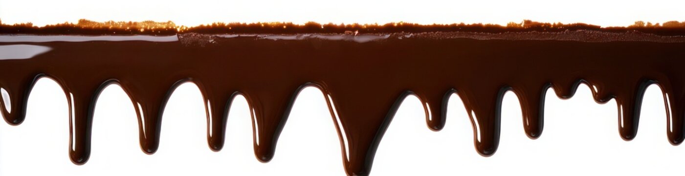 glossy melted chocolate dripping in thick rivulets over a clean white background, rich, indulgent and tempting