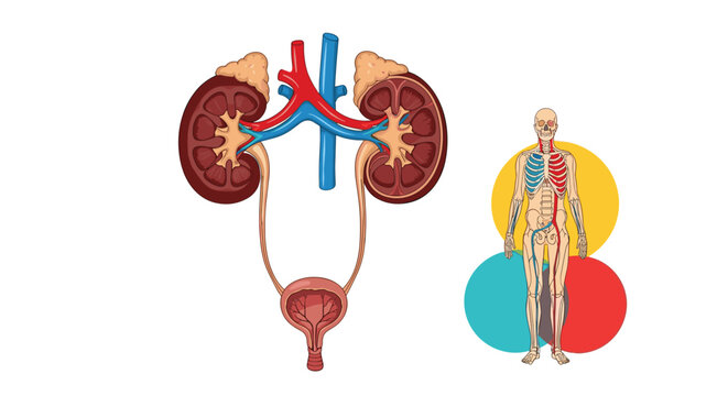 Medical diagram showing the human urinary system including kidneys ureters and bladder with an anatomical figure in circles.