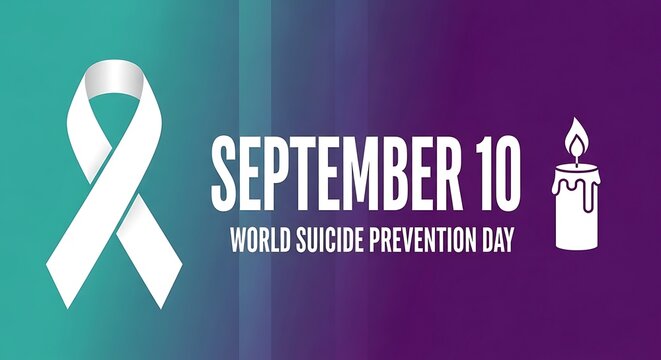 World suicide prevention day awareness graphic with white ribbon and candle on colorful background