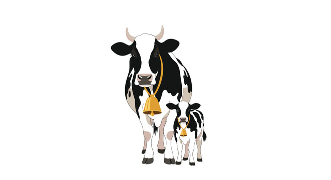 Large black and white dairy cow and her small matching calf both wearing gold bells on their necks.