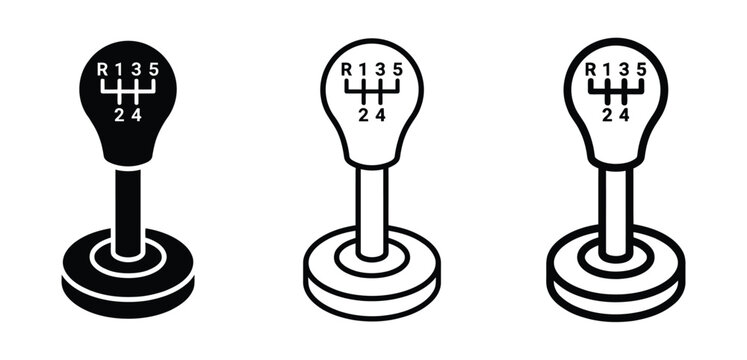 Set of manual car gear shift stick icons with five speed transmission pattern