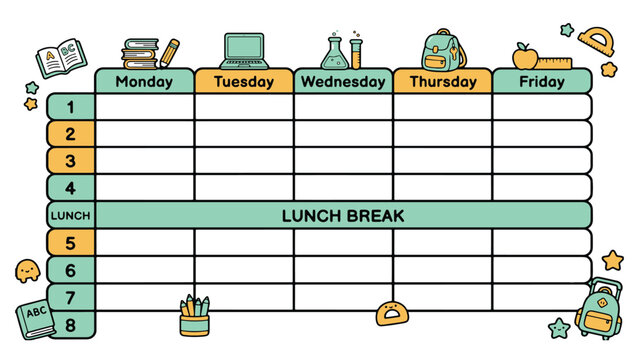 timetable template, weekly planner, schedule grid, daily organizer, school timetable, blank planner, vector layout