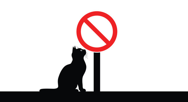 Black silhouette of a cat sitting and looking up at a red no-entry prohibition sign on a white background for pet safety.