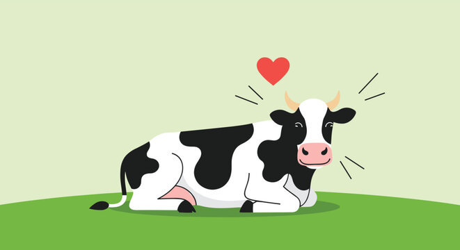 Happy black and white dairy cow lying on green grass with a red heart above its head on a light green background.