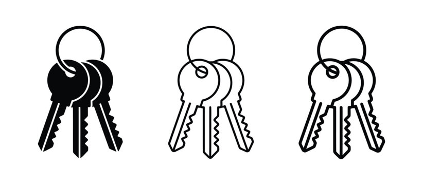 Set of three simple house keys on a metal ring in solid black and outline styles