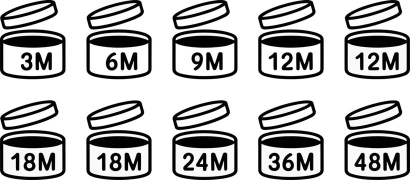 Period after opening symbols for cosmetic products with month durations vector illustration